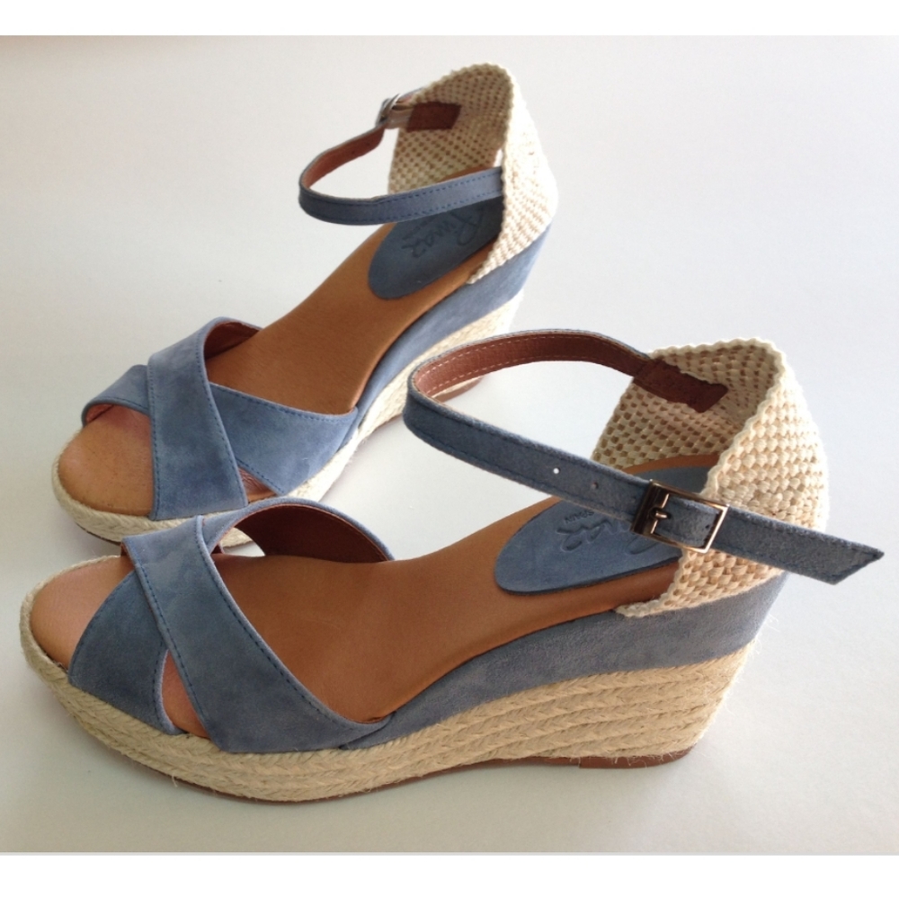 Pinaz Blue Suede & Cream Jute Woven Espadrille Wedge Sandals 41